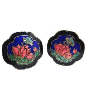 Cloisonne Enamel Earrings Lotus Flower & Butterfly Vintage Clip-On